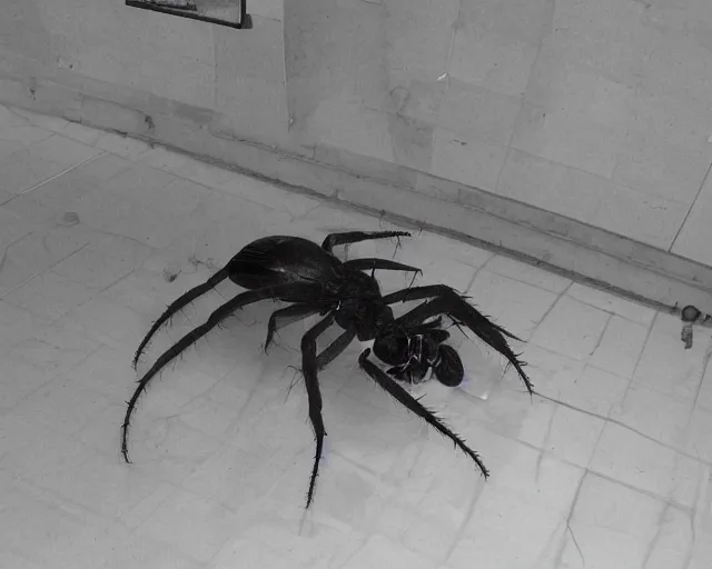 Prompt: camera footage of a Gigantic cockroach spider in an abandoned shopping mall, high exposure, dark, monochrome, camera, grainy, CCTV, security camera footage, timestamp, zoomed in, fish-eye lens, spiders, spider, cockroach, spider, horrifying :4
