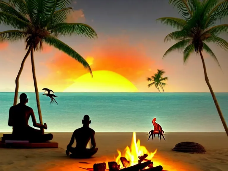 Image similar to gandhi sitting on a beach next to a campfire with palm trees in the back, holding a cigar, sunset, surrounded by different animals, parrots, turtle, lizard, crab, coconuts,, glorious lighting, epic environment, highly detailed, digital art, hyper realistic, beautiful, 8 k, trending on deviantart