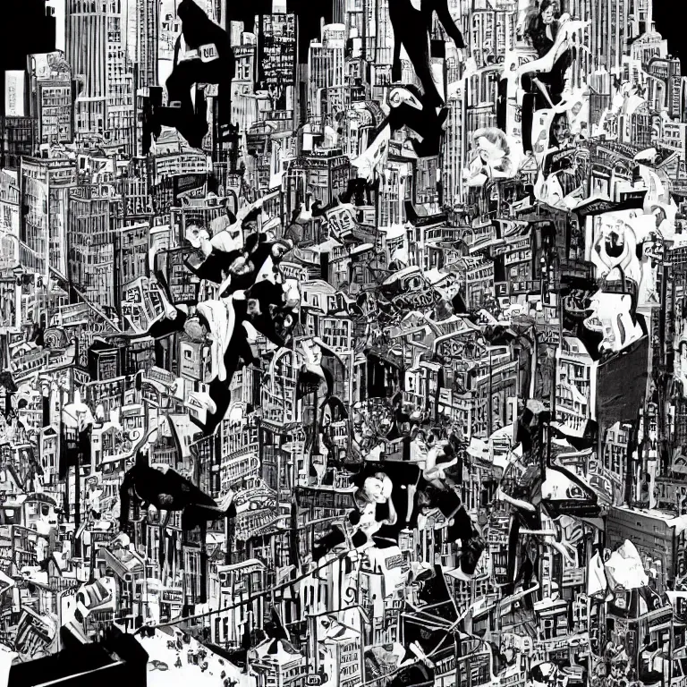 Prompt: we built this city on rock and roll, black and white comic art, lots of musical notes