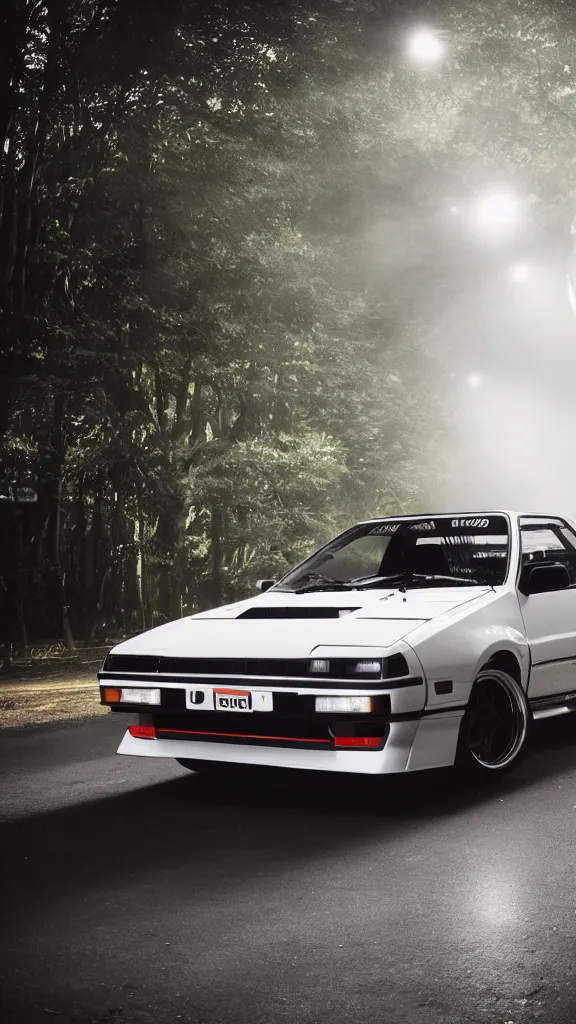 Prompt: a trueno ae 8 6 with pop up headlights, cinematic, long exposure, white balance, 8 k, led, lumen global illumination, fog, ray tracing reflections