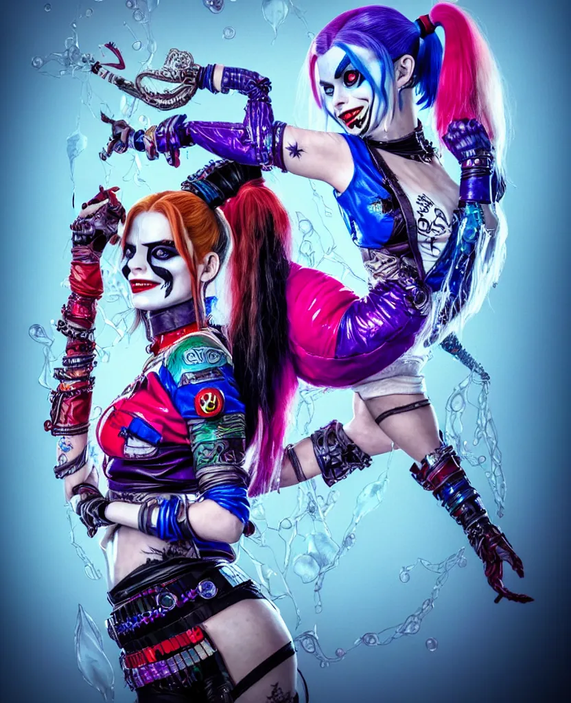 Image similar to Ornella Muti as Harley Quin (The Suicide Squad), epic angle and pose, symmetrical artwork, 3d with depth of field, blurred background, cybernetic jellyfish female face skull phoenix bird, translucent, nautilus, energy flows of water and fire. a highly detailed epic cinematic concept art CG render. made in Maya, Blender and Photoshop, octane render, excellent composition, cinematic dystopian brutalist atmosphere, dynamic dramatic cinematic lighting, aesthetic, very inspirational, arthouse. y Greg Rutkowski, Ilya Kuvshinov, WLOP, Stanley Artgerm Lau, Ruan Jia and Fenghua Zhong