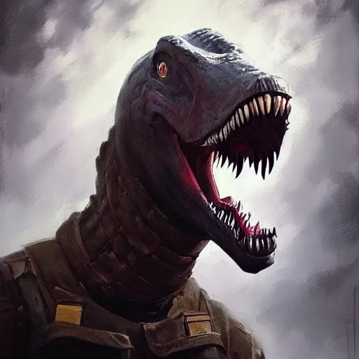 Image similar to portrait of a facist barney the dinosaur, epic, tragic, military art, fantasy, dieselpunk, hd shot, digital portrait, beautiful, artstation, comic style, by artgerm, guy denning, jakub rozalski, magali villeneuve and charlie bowater