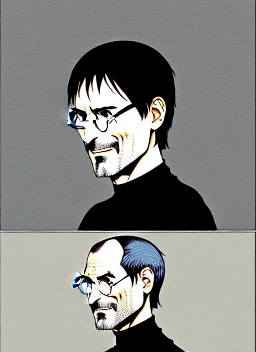 Image similar to steve jobs manga in color, final page, portrait, by katsuhiro otomo and hiroya oku and makoto yukimura