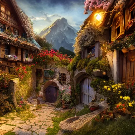 Prompt: my precious! - the hobbit - j. r. r. tolkien - a medieval village in switzerland, ornate, beautiful, atmosphere, vibe, flowers, concept art illustration, greg rutowski, volumetric lighting, sunbeams, particles