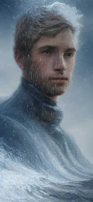 Prompt: suit of armor made of water, water armor, norway fjord, medium close up portrait, hudson river school, max rive, water armor, studio lighting, stormy seas, beautiful, bokeh, snowy, storm clouds, god rays, d & d, fantasy, elegant, low key color palette, concept art, roger deakins and greg rutkowski and alphonse mucha