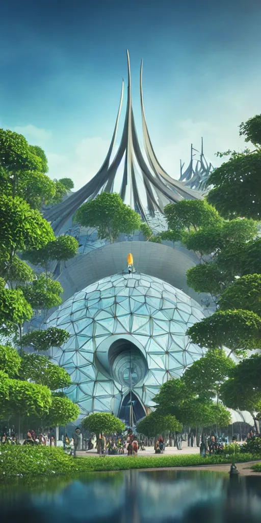 Image similar to expo 6 7 pavillion, solarpunk, studio ghibli, jean - baptiste monge, octane render, 4 k, symmetry