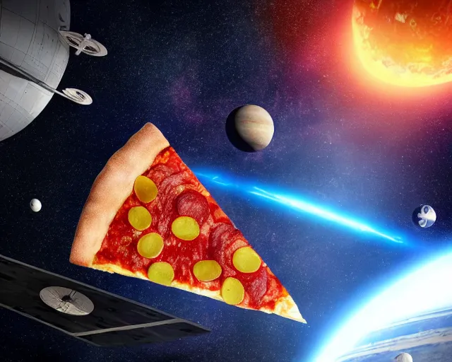 Prompt: a slice of pizza in orbit over a single planet space super star destroyer ship starwars 3 d render starwars clonewars 4 k atmospheric cinematic shot octane render high definition