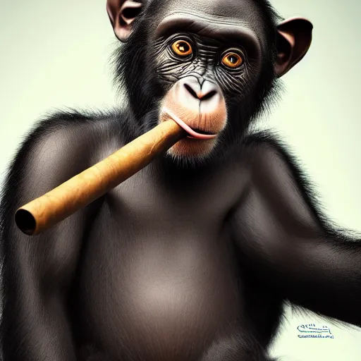 Image similar to a high detail shot of a chimp wearing a suit, smoking a cigar, render, cgsociety, photorealism