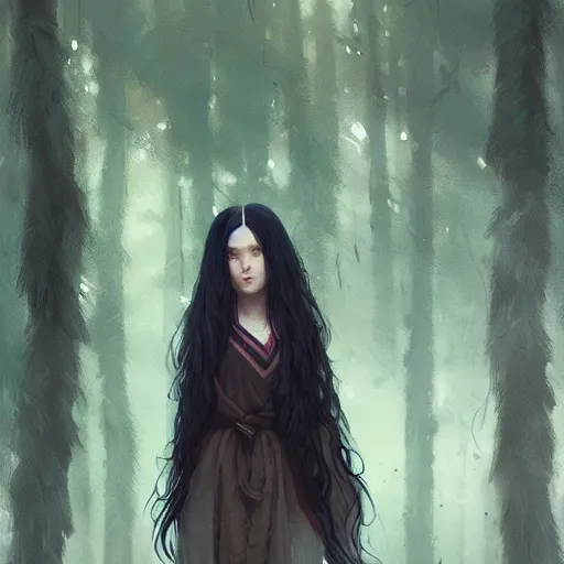 Prompt: a beautiful young woman with long black hair, forest background, sharp focus, intricate, digital painting, artstation, highly detailed, ambient lighting, illustration, art by Studio Ghibli and Greg Rutkowski