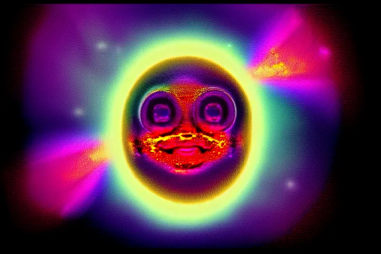 Prompt: a sparkly 9 th dimensional image of a witchmade dmt cyclops baby azazoth apparition smiling at me in a death pose from an unknown cybereal plane of de - existence