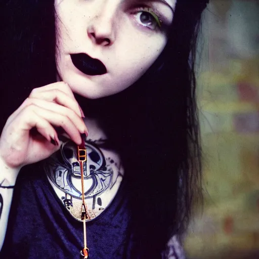 Prompt: close-up, color slide, Kodak Ektachrome E100, studio photographic portrait of a young pale, Goth, Attractive girl, wears ankh necklace, Death, Comic book character, member of the Endless, Nikon camera, 75mm lens, f/2.8 aperture, HD, casual, realistic, punk, people, detail, Bokeh, saturated color, masterpiece image, shutterstock, Curated Collections, Sony World Photography Awards, Pinterest, by Annie Leibovitz