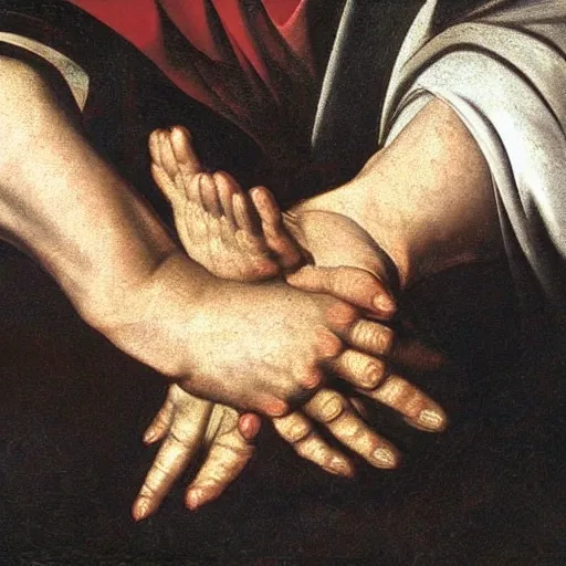 Prompt: closeup of hands in prayer, chiaroscuro caravaggio style, oil painting, renaissance