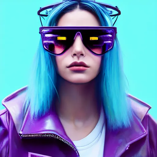 Image similar to closeup painting of a very beautiful young mexican cyberpunk woman with a smirk, wearing light blue shutter shades and a purple coloured leather jacket, one side haircut, long brown hair with light blue ends, portrait, hyperdetailed, artstation, cgsociety, 8 k, synthwave!!! image