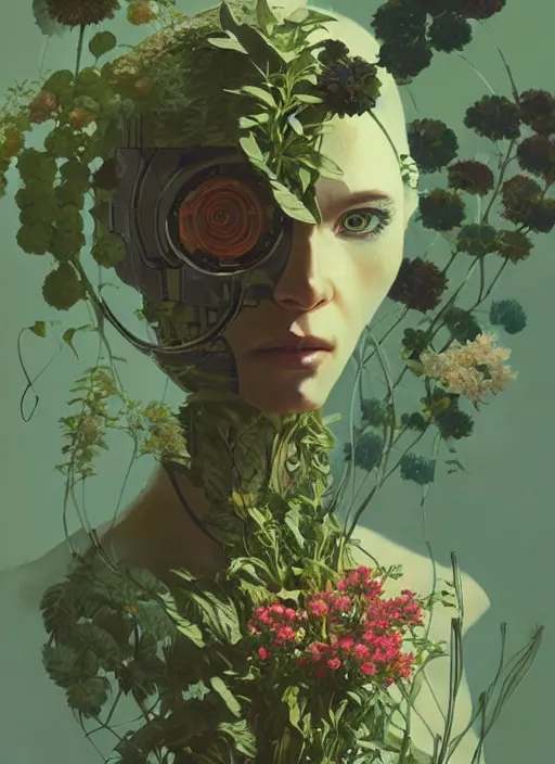 Image similar to a cyborg in some plants with flowers for a face by satoshi kon and greg rutkowski, 7 0's vintage sci - fi flat surreal design