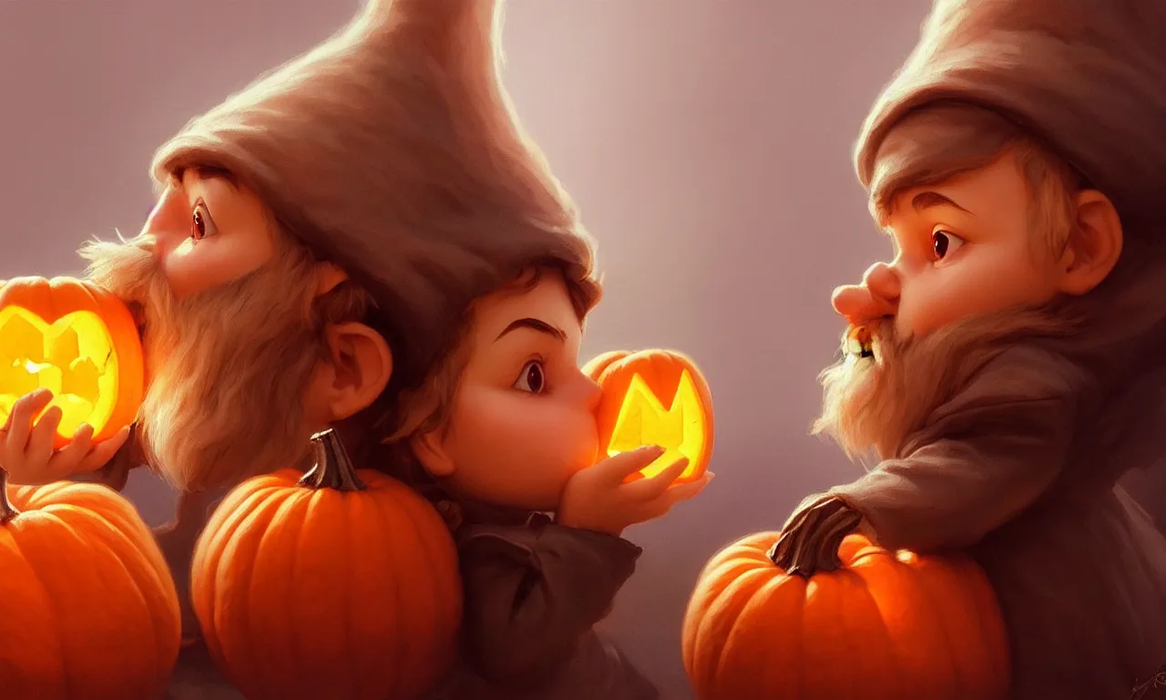 Image similar to hand drawn cute one gnomes face in autumn and pumpkin, detailed closeup face, concept art, low angle, high detail, warm lighting, volumetric, godrays, vivid, beautiful, trending on artstation, art by artgerm and greg rutkowski and alphonse mucha