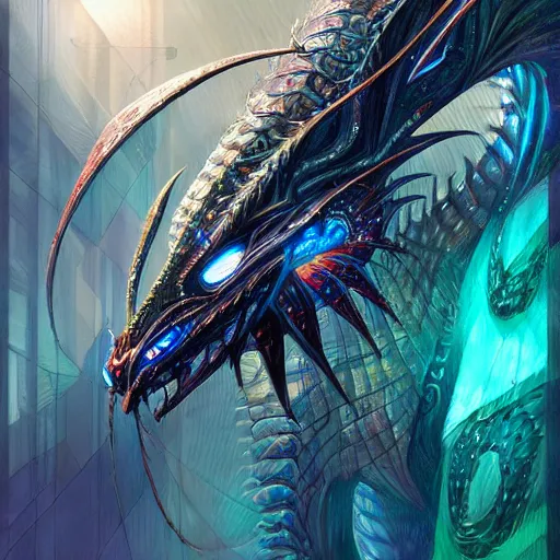 Prompt: a cybernetic dragon by android jones, trending on artstation