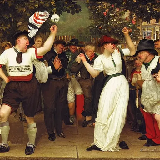 Prompt: drunk English football fans by Edward Poynter