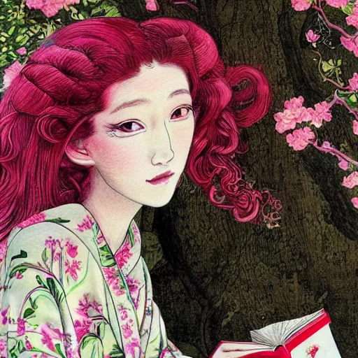 Image similar to beautiful little girl with long curly red hair dressed in a pink kimono and sitting next to a tree while reading a book, artwork made by ayami kojima, inspired in balthus, anatomically correct, higher details, realistic