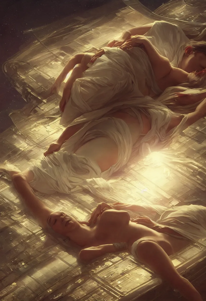 Image similar to futuristic ai machine god sleeping. extremely high fidelity, 8 k, super resolution, cinematic view, super resolution, epic, hyperdetailed, digital painting, artstation, concept art, smooth, sharp focus, octane render, dramatic lighting, art by artgerm and greg rutkowski and alphonse mucha and wlop