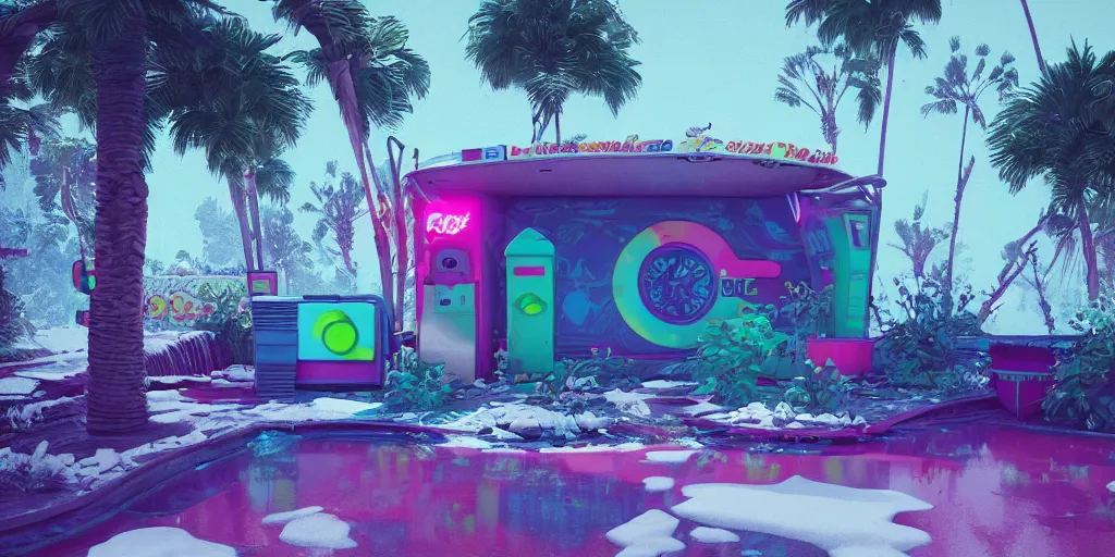 Image similar to 80s outdoor retro arcade, 80s color scheme, retro, pastel colors, desolate, lush vegetation, snow, moody:: by beeple and James Gilleard and Justin Gerard :: ornate, dynamic, particulate, intricate, elegant, highly detailed, centered, artstation, smooth, sharp focus, octane render, 3d