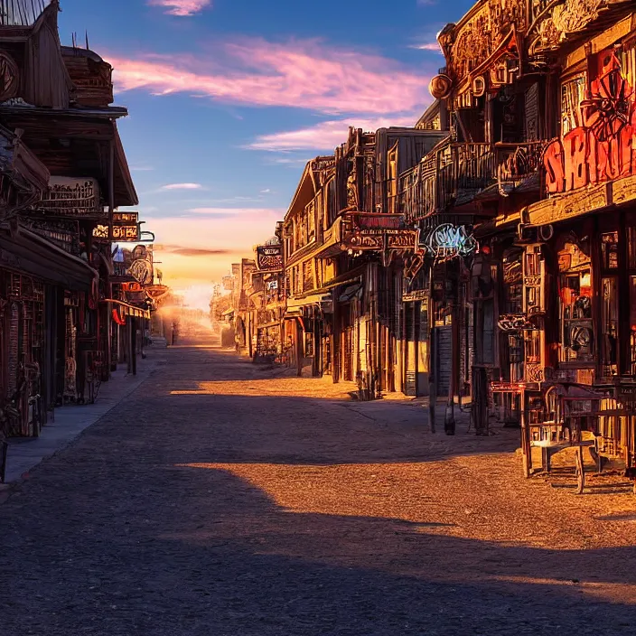 Image similar to a sunset light historical wild west empty street, duel between two cowboys, lots of sparkling details and sun ray's, blinding backlight, smoke, volumetric lighting, colorful, octane, 3 5 mm, saloon exterior, empty old town street, beautiful epic colored reflections, very colorful heavenly, softlight