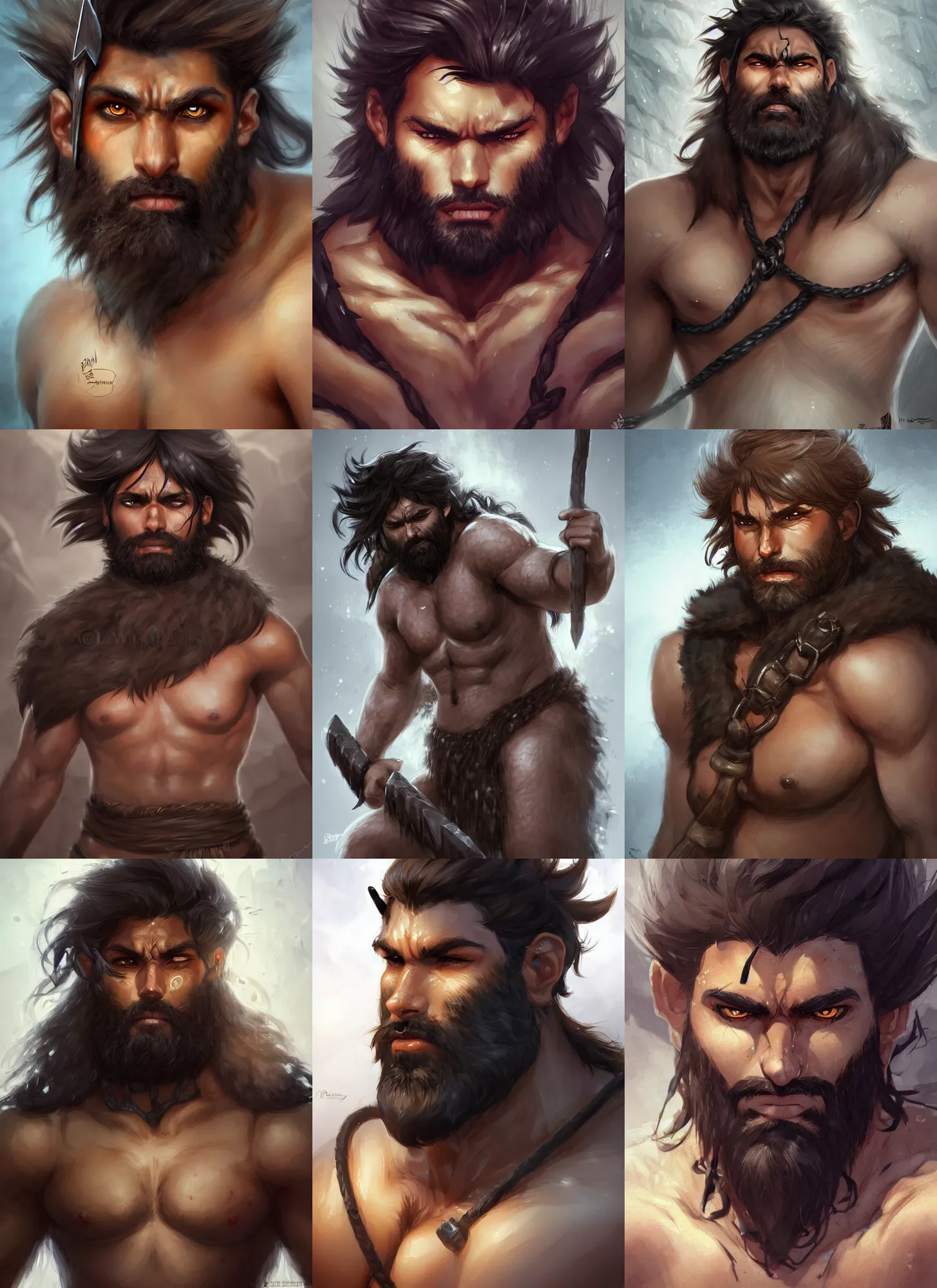 Prompt: picture of a barbarian chained to a rock, light brown skin, black messy hair, beard, pelt, sad, exhausted, face details, shapely, extremely detailed, smooth, sharp focus, digital illustration, by artgerm, rossdraws, sakimichan