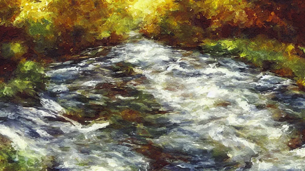 Prompt: a river stream paiting. paper texture.