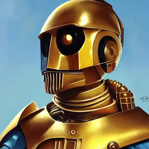 Image similar to greg manchess portrait painting of c 3 po as overwatch character, medium shot, asymmetrical, profile picture, organic painting, sunny day, matte painting, bold shapes, hard edges, street art, trending on artstation, by huang guangjian and gil elvgren and sachin teng