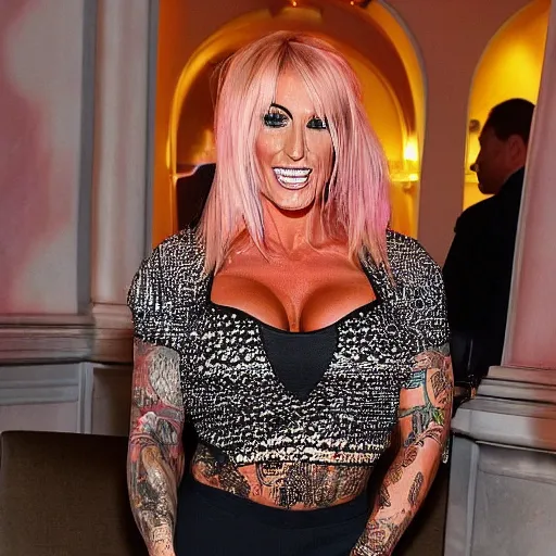 Prompt: jodie marsh joined at hip with Michael mcintyre combining pepper pig tea at the ritz