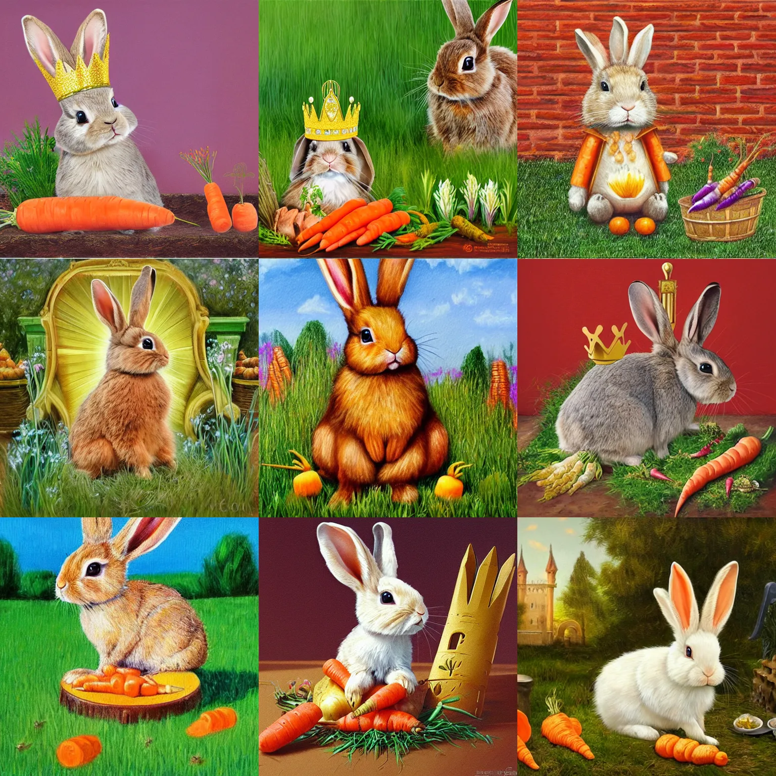 Prompt: rabbit wearing golden crown, sitting on throne, realistic oil painting, cute, carrot, vegetables, grass, plants, bricks, castle, red carpet, highly detailed