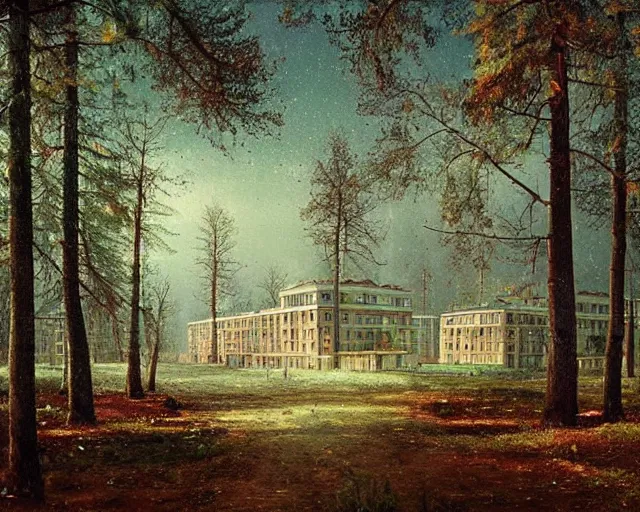 Prompt: beautiful matte painting of cute soviet block of flats in forest by ivan shishkin, bokeh