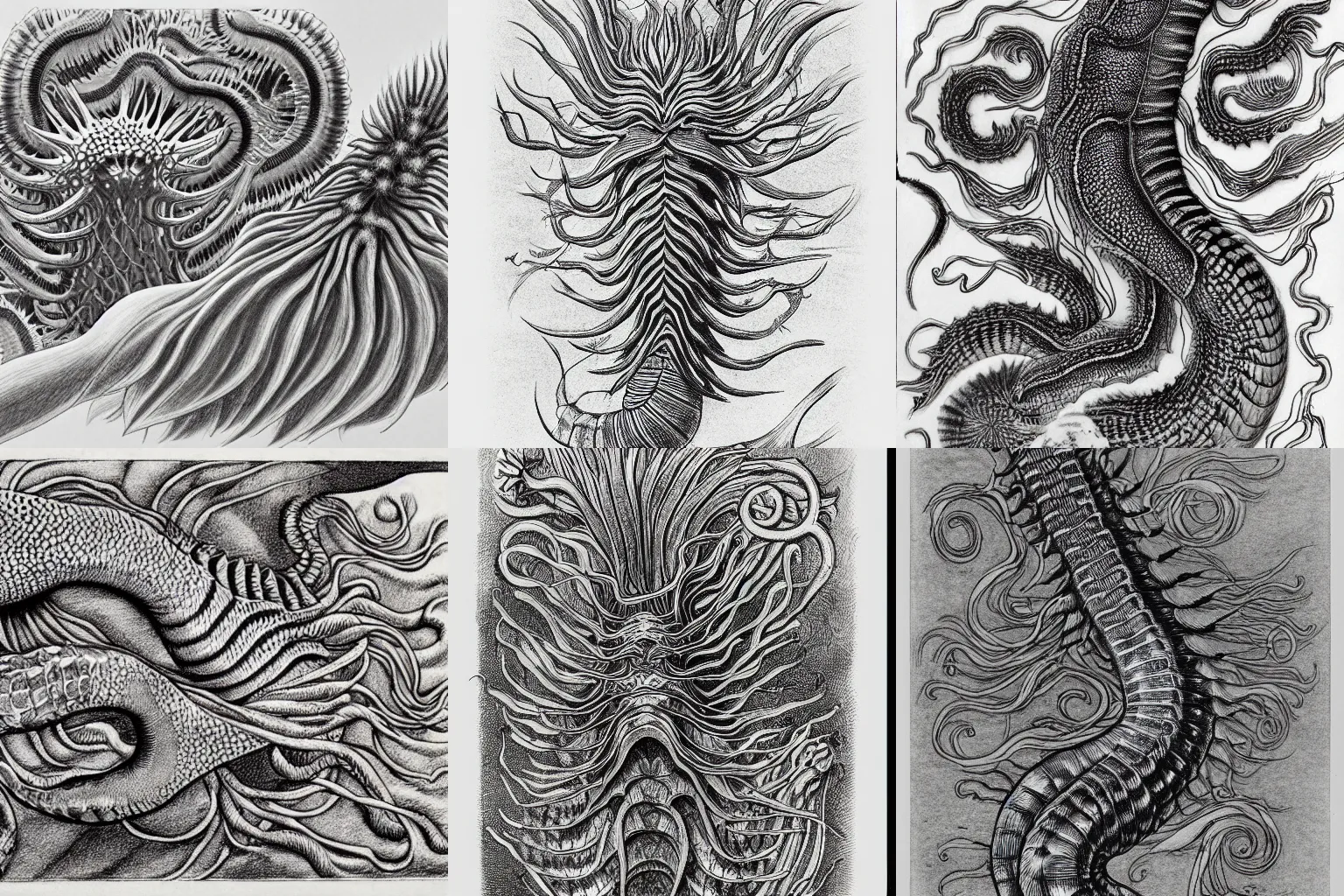 Prompt: complete sketch of the powerful Yamata no Orochi sea cucumber by Ernst Haeckel and Junji Ito, graphite on paper