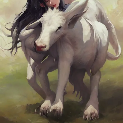 Image similar to a person hugging a large white animal, a detailed painting by krenz cushart, pixiv contest winner, fantasy art, official art, detailed painting, pixiv. highly detailed. 4 k masterpiece.