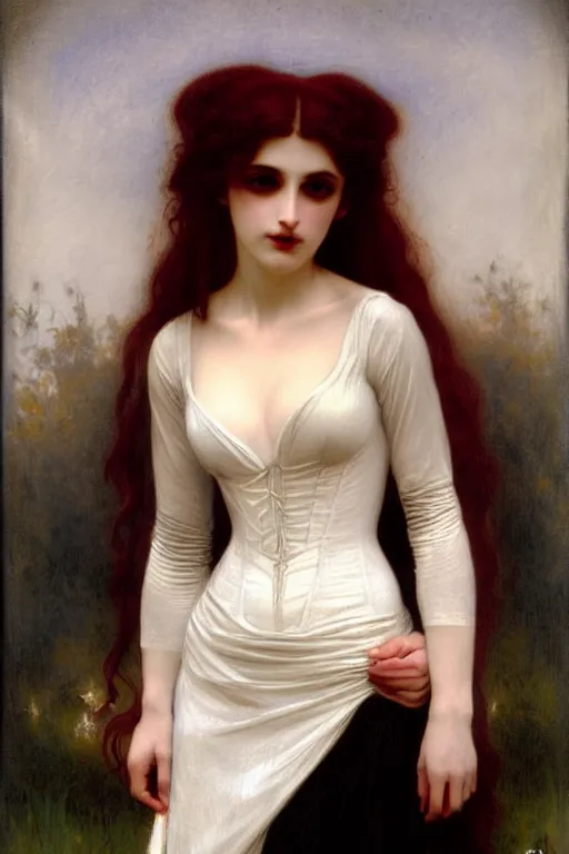 Image similar to victorian vampire white hair painting by rossetti bouguereau, detailed art, artstation