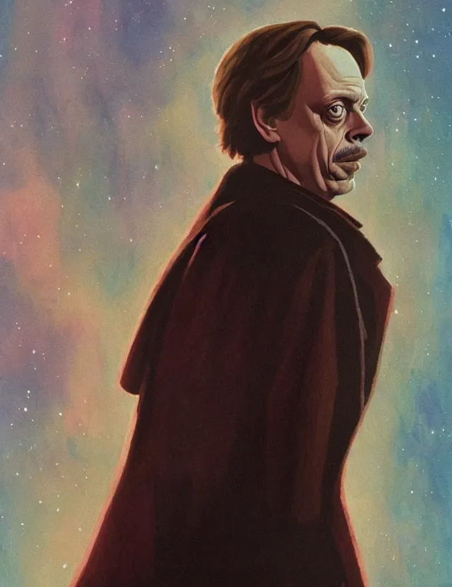 Prompt: steve buscemi in star wars. gouache fairytale art, russian romanticism, muted palette, backlighting, depth of field