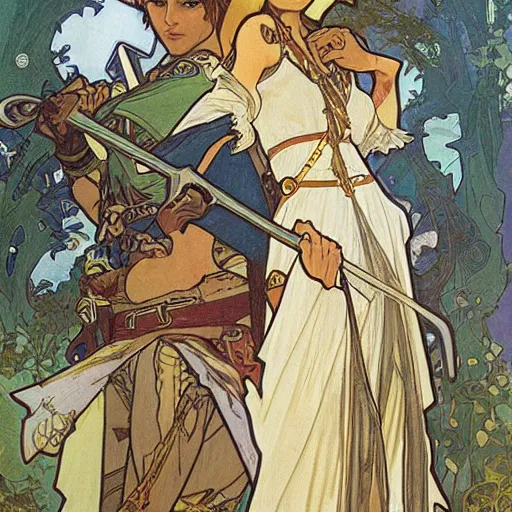 Image similar to The Legend of Zelda Pulling the only sword-in-the-stone art by alphonse mucha and Monia Merlo and Raymond Swanland