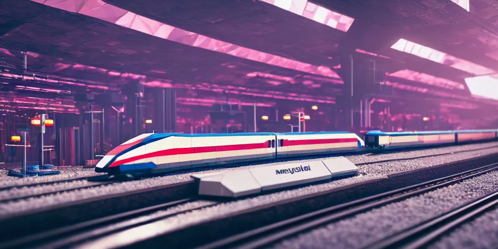 Prompt: a cyberpunk maglev train riding though futuristic station, blocky futuristic cityscape in background, gorgeous lighting and metallic reflection, eurostar, maroon and blue accents, 8k, high detail