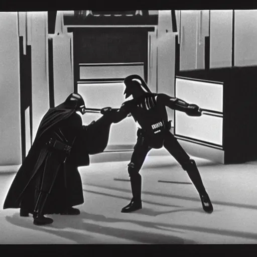 Image similar to Fight between Luke and Darth Vader in the silent movie version of Star Wars (1921) by Fritz Lang, in front of a set reminiscent of Metropolis