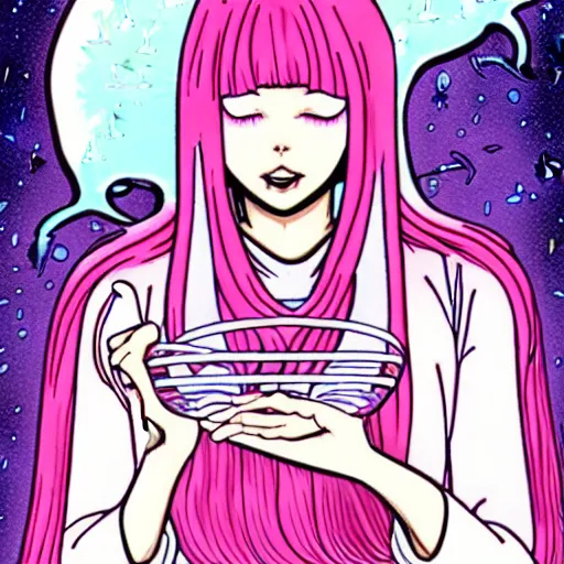 Image similar to realistic dark retro pulp sci - fi colored manga illustration of princess bubblegum by junji ito, with pink hair made of bubblegum, confident scientist performing experiments in her lab