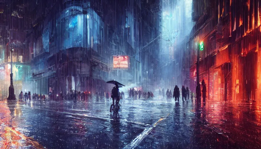 Prompt: city street of distant future 3 0 th century in early evening by laser lights during rain, shadows, reflections, epic composition, intricate, elegant, volumetric lighting, digital painting, highly detailed, artstation, sharp focus, illustration, concept art, ruan jia, steve mccurry