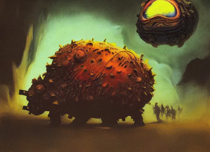 Image similar to realistic painting of a tardigrade kaiju, walking wide angle, by frank frazetta, by georgia o keeffe, by amano, slimy, reflective, scales,, big globule eye, godzilla, vintage poster retro,, oil painting, tonalism, fantasy, crispy, dune, cinematic, japanese art, tonalism