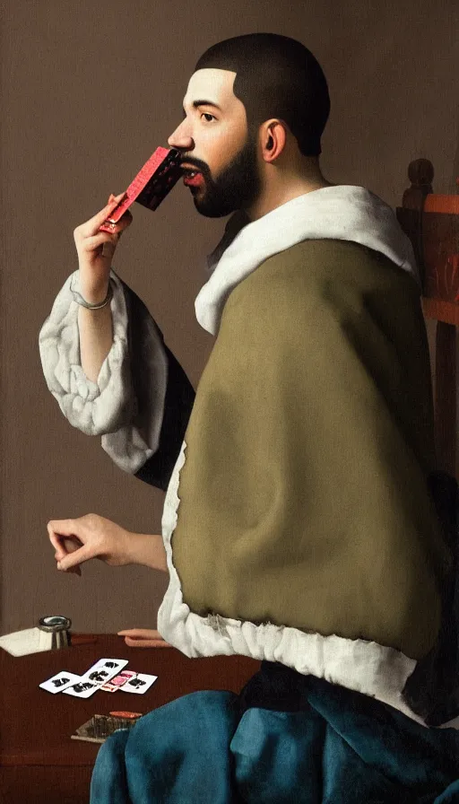 Prompt: drake smoking and playing cards by johannes vermeer, brown skin, classical painting, digital painting, romantic, vivid color, oil painting