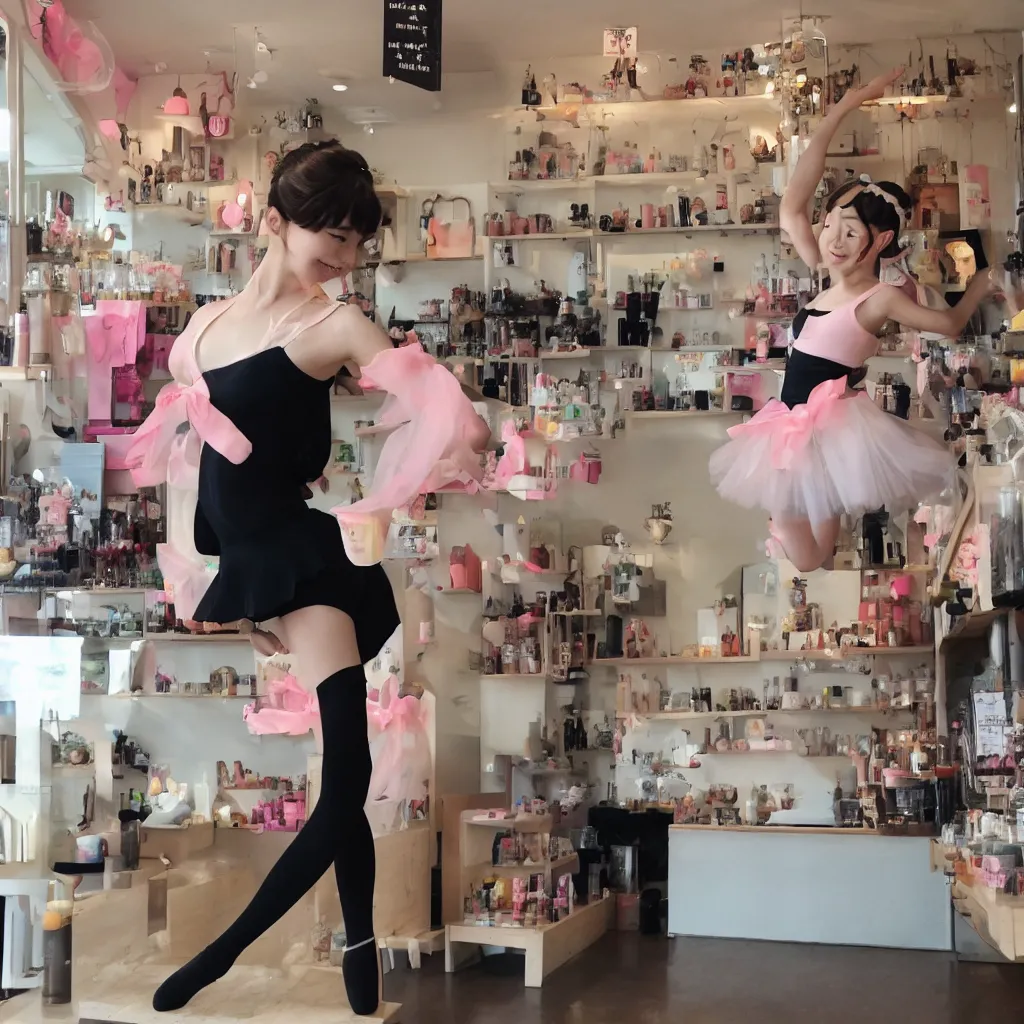 Image similar to a cute anime ballerina in a boba shop