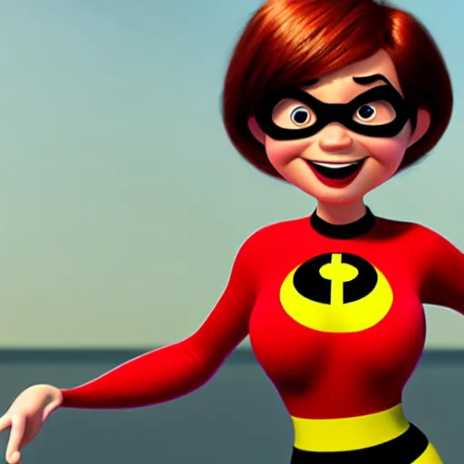 Image similar to pixar render, the incredibles, christina hendricks as elastigirl, 3 d render, smooth colors