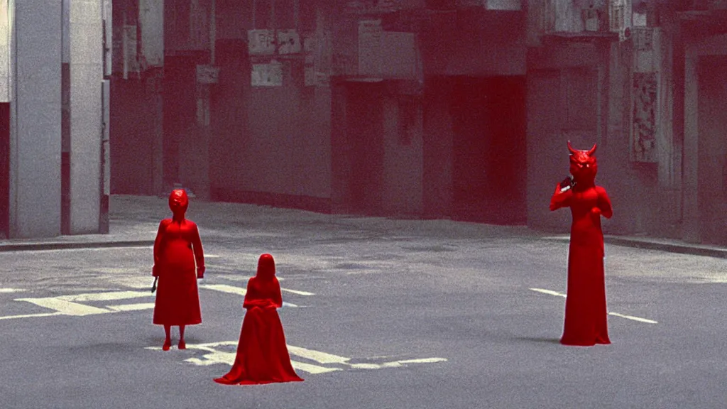 Image similar to a woman in a red dress wearing a red demon mask standing alone on an empty street in downtown Tokyo with a gun, film still from the an anime directed by Katsuhiro Otomo with art direction by Zdzisław Beksiński, wide lens