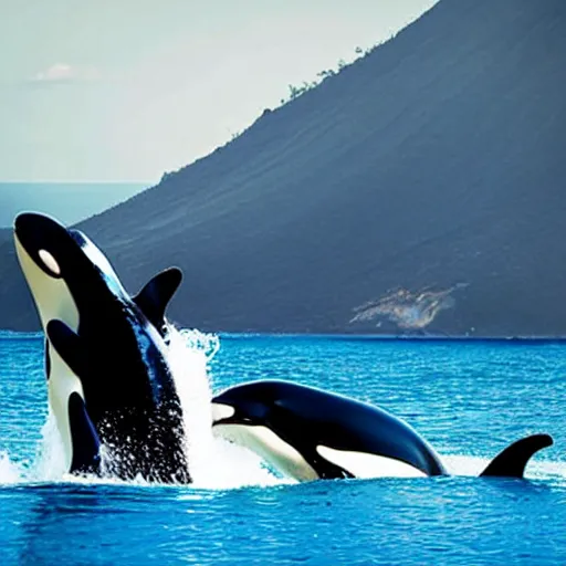 Image similar to ryan gosling in swimming trunks and cyberpunk style goggles rides a killer whale in a lava lake, photo