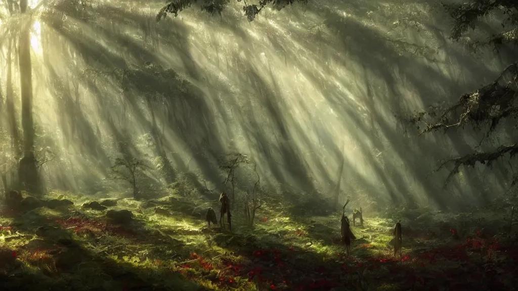 Image similar to A Craig Mullins oil painting of a hauntingly beautiful elven forest in the morning; rays of light coming through the canopy; trending on artstation; extraordinary masterpiece!!!!!!; 8k