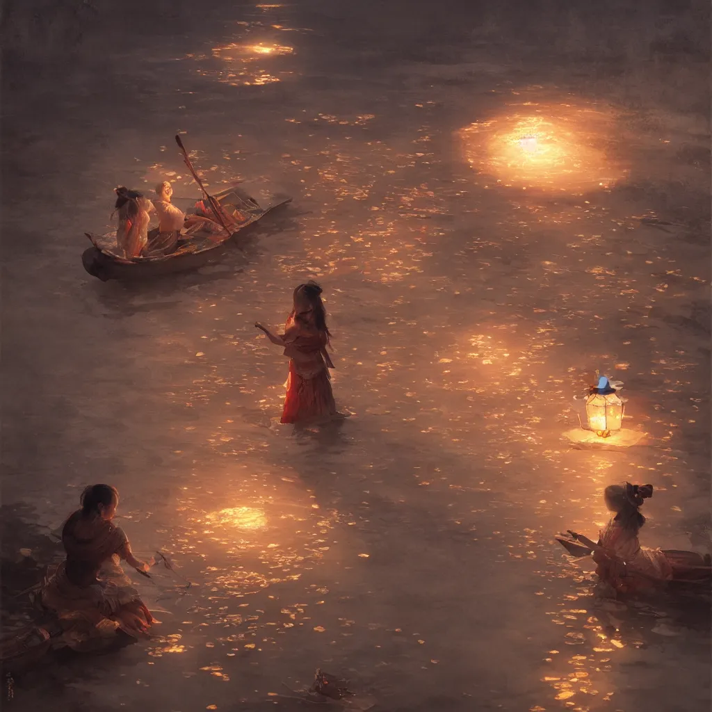 Prompt: grand festival, a beautiful girl is putting on a river lantern, chinese watercolor style, trending on artstation, global illumination, radiant light, night lighting, art by wlop and greg rutkowski,, detailed and intricate environment, 8 k