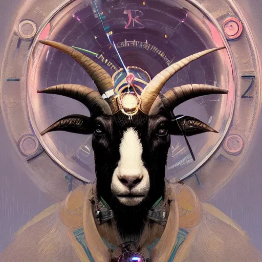 Prompt: Portrait of a Clockpunk goat, science fiction, highly detailed, digital painting, artstation, concept art, illustration, art by Greg Rutkowski and alphonse mucha