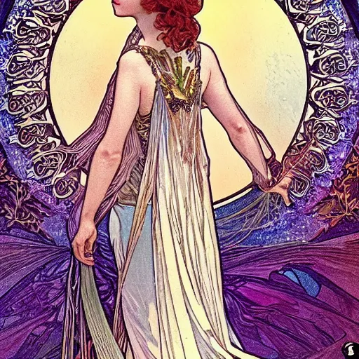 Image similar to sara paulson portrait by louis - theophile hingre and alphonse mucha, realistic, sharp focus, zodiac signs, tarot cards, planets, ethereal, art nouveau, magic, moon, sun, crown, dreamy, royal, jewellery